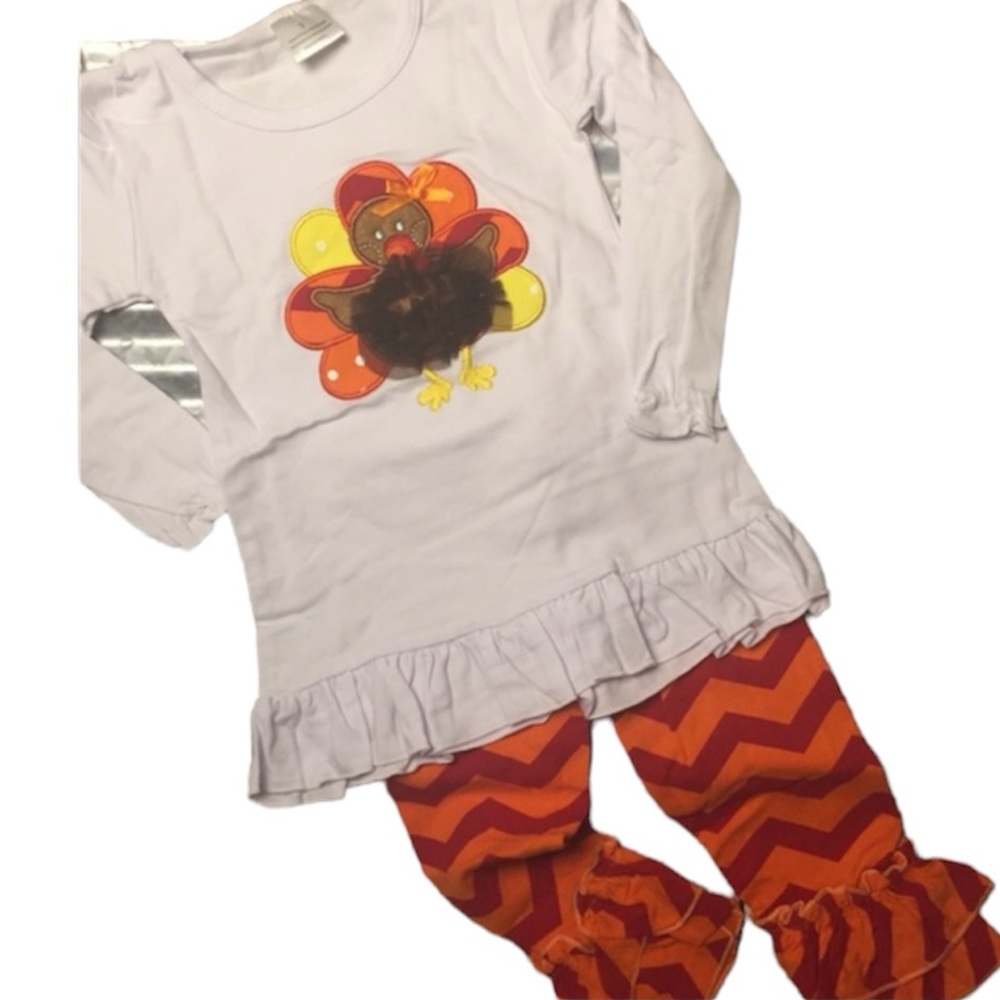 💥Last One💥🦃 Girls Boutique 2pc. Ruffle Chevron Thanksgiving Turkey Outfit - Picture 9 of 11